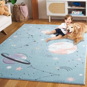 SAFAVIEH Carousel Kids Collection Area Rug – 6’7″ Square, Dark Blue & Light Blue, Non-Shedding & Easy Care, Ideal for High Traffic Areas for Boys & Girls in Playroom, Nursery, Bedroom (CRK122M)(Teal/Orange)