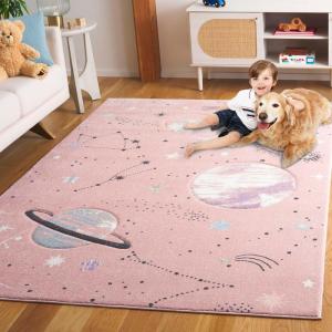SAFAVIEH Carousel Kids Collection Area Rug – 6’7″ Square, Dark Blue & Light Blue, Non-Shedding & Easy Care, Ideal for High Traffic Areas for Boys & Girls in Playroom, Nursery, Bedroom (CRK122M)(Pink/Purple)