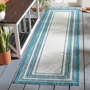 SAFAVIEH Courtyard Collection 8′ x 10′ Natural / Black CY8475 Indoor/ Outdoor Patio Backyard Mudroom Area Rug(Ivory/Teal)