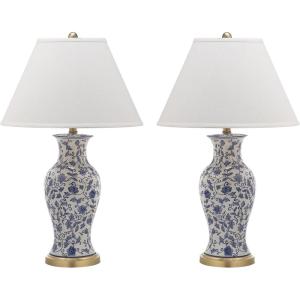 SAFAVIEH Lighting Collection – Beijing Floral Set of 2 Blue & White Ceramic Table Lamps with Antique Gold Accents, 29-Inch Chinoiserie Lamps, LED Bulbs Included (LIT4172A-SET2)