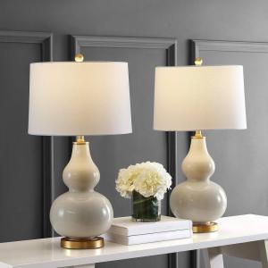 SAFAVIEH Lighting Collection – Karlen Set of 2 Black & Gold Leaf Double Gourd Glass Table Lamps, Modern Contemporary Design, LED Bulbs Included (TBL4223B-SET2)(Creme/Gold – Set of 2)