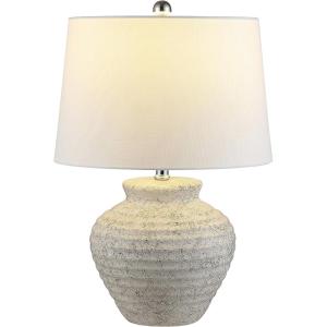 SAFAVIEH Lighting Collection – Ledger Rustic Farmhouse Light Grey Ceramic Table Lamp with White Drum Shade, 23-Inch Bedroom or Living Room Lamp, LED Bulb Included (TBL4352A)(Light Gray)