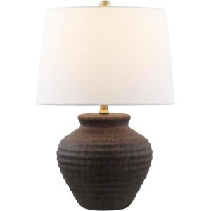 SAFAVIEH Lighting Collection – Ledger Rustic Farmhouse Light Grey Ceramic Table Lamp with White Drum Shade, 23-Inch Bedroom or Living Room Lamp, LED Bulb Included (TBL4352A)(Dark Brown)