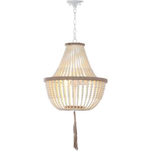 SAFAVIEH Lighting Collection – Lush Kristi Cream Beaded Boho Farmhouse 3-Light Pendant Chandelier with Tassel, Adjustable Hanging Ceiling Light (LIT4477B)(Cream)
