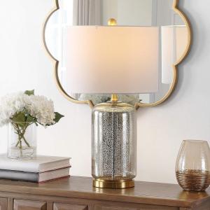 SAFAVIEH Lighting Collection – Novah Modern Blue Glass 26-Inch Table Lamp, LED Bulb Included, Bedroom Living Room Home Office Nightstand Desk (TBL4283B)(Silver)