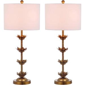 SAFAVIEH Lighting Collection – Set of 2 Lani Antique Gold Leaf 32-Inch Table Lamps, White Drum Shade, LED Bulbs Included, Bedroom Living Room Home Office (TBL4016A-SET2)(Antique Gold)