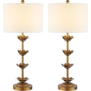 SAFAVIEH Lighting Collection – Set of 2 Lani Antique Gold Leaf 32-Inch Table Lamps, White Drum Shade, LED Bulbs Included, Bedroom Living Room Home Office (TBL4016A-SET2)(Antiqued Gold /White Linen Shade)