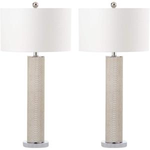 SAFAVIEH Lighting Collection – Set of 2 Ollie Modern Contemporary Cream Faux Woven Leather 32-Inch Table Lamps, LED Bulbs Included, Bedroom Living Room Home Office (LIT4404L-SET2)(Cream Faux Snakeskin – Set of 2)