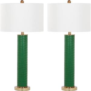 SAFAVIEH Lighting Collection – Set of 2 Ollie Modern Contemporary Cream Faux Woven Leather 32-Inch Table Lamps, LED Bulbs Included, Bedroom Living Room Home Office (LIT4404L-SET2)(Dark Green Faux Alligator – Set of 2)