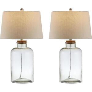 SAFAVIEH Lighting Collection Caden Clear Glass 28-inch Bedroom Living Room Home Office Desk Nightstand Table Lamp Set of 2 (LED Bulbs Included)