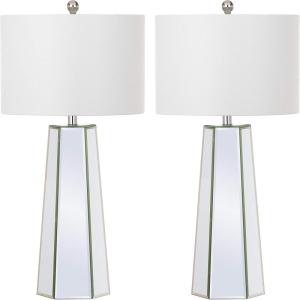 SAFAVIEH Lighting Collection Janice Modern Art Deco Mirror Chrome 32-inch Bedroom Living Room Home Office Desk Nightstand Table Lamp Set of 2 (LED Bulbs Included)