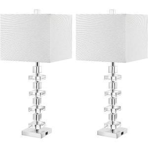 SAFAVIEH Lighting Collection Modern Deco 28-inch Bedroom Living Room Home Office Desk Nightstand Table Lamp Set of 2 (LED Bulbs Included)(Clear/Chrome)