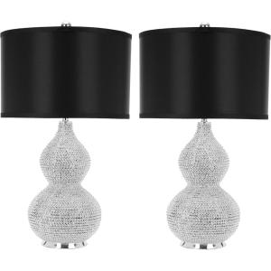 SAFAVIEH Lighting Collection Nicole Modern Silver Bead Base/ Black Shade 25-inch Bedroom Living Room Home Office Desk Nightstand Table Lamp Set of 2 (LED Bulbs Included)(Silver – with USB)