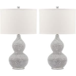 SAFAVIEH Lighting Collection Nicole Modern Silver Bead Base/ Black Shade 25-inch Bedroom Living Room Home Office Desk Nightstand Table Lamp Set of 2 (LED Bulbs Included)(Silver/White – Set of 2)