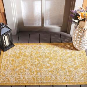 SAFAVIEH Washable Rug Outdoor Courtyard Collection – 9′ x 12′, Aqua Blue & Grey, Non-Shedding & Easy Cleaning, Ideal for Patio, Backyard, Mudroom (CY8680-37121)(Gold/Ivory)