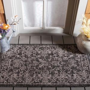 SAFAVIEH Washable Rug Outdoor Courtyard Collection – 9′ x 12′, Aqua Blue & Grey, Non-Shedding & Easy Cleaning, Ideal for Patio, Backyard, Mudroom (CY8680-37121)(Black/Ivory)