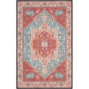SAFAVIEH Washable Rug Tucson Collection – 8′ x 10′, Aqua & Rust, Slip Resistant & Easy to Clean, Ideal for Living Room, Bedroom, Dining Space (TSN150J)(Aqua/Rust)