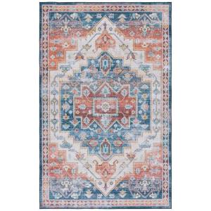 SAFAVIEH Washable Rug Tucson Collection – 8′ x 10′, Blue & Rust, Slip Resistant & Easy to Clean, Ideal for Living Room, Bedroom, Dining Space (TSN116M)(Blue/Rust)