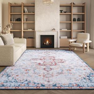 SAFAVIEH Washable Rug Tucson Collection – 8′ x 10′, Grey & Rust, Slip Resistant & Easy to Clean, Ideal for Living Room, Bedroom, Dining Space (TSN117F)(Beige/Rust)