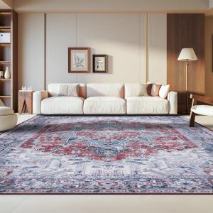 SAFAVIEH Washable Rug Tucson Collection – 8′ x 10′, Red & Navy, Slip Resistant & Easy to Clean, Ideal for Living Room, Bedroom, Dining Space (TSN101S)(Red/Navy)