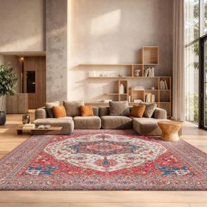 SAFAVIEH Washable Rug Tucson Collection – 9′ x 12′, Red & Beige, Slip Resistant & Easy to Clean, Ideal for Living Room, Bedroom, Dining Space (TSN107Q)(Red/Beige)