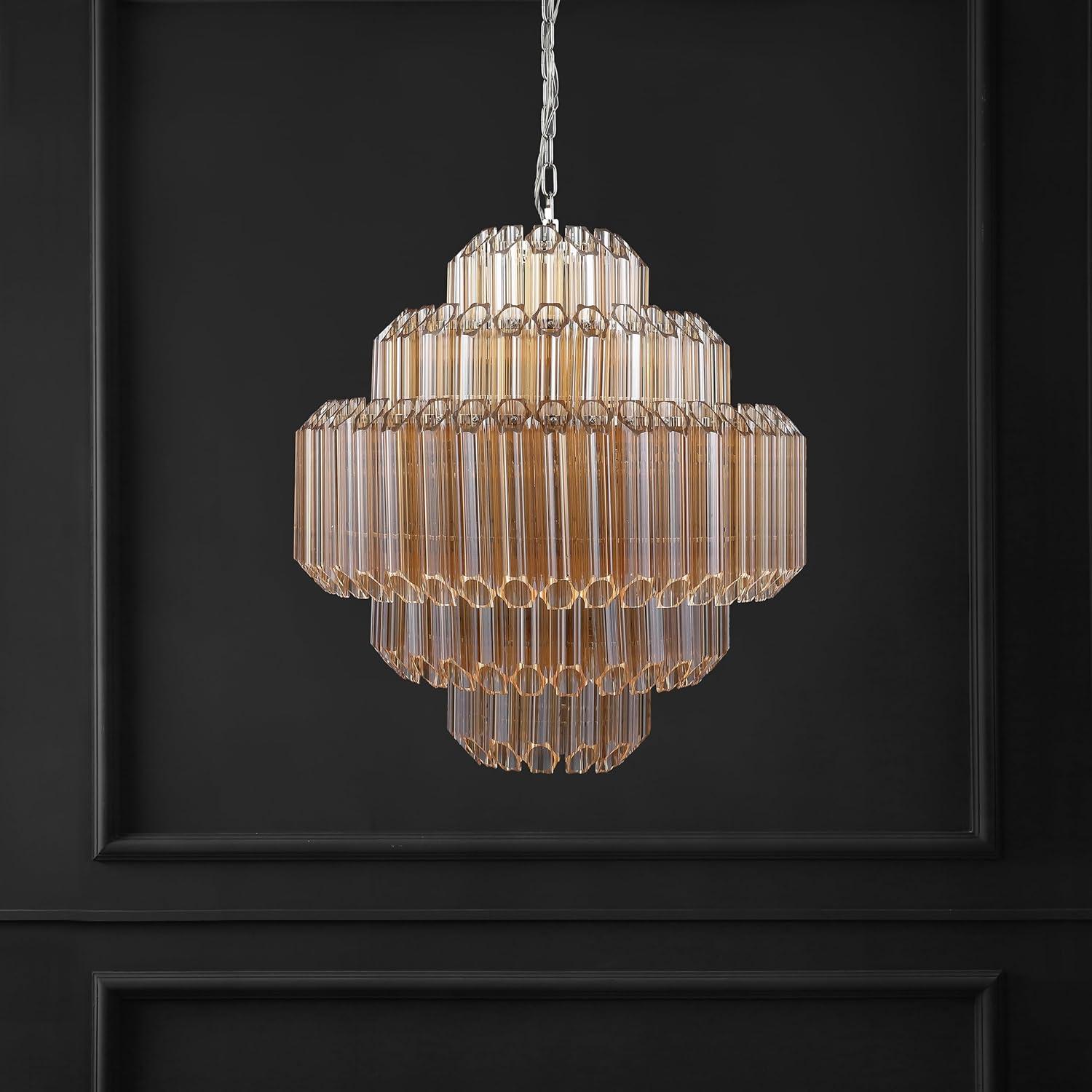 image:imageSAFAVIEH Couture Lighting Collection Adaline Art Deco NickelClear Glass Tiered Hanging Adjustable Chandelier Light Fixture LED Bulbs Included