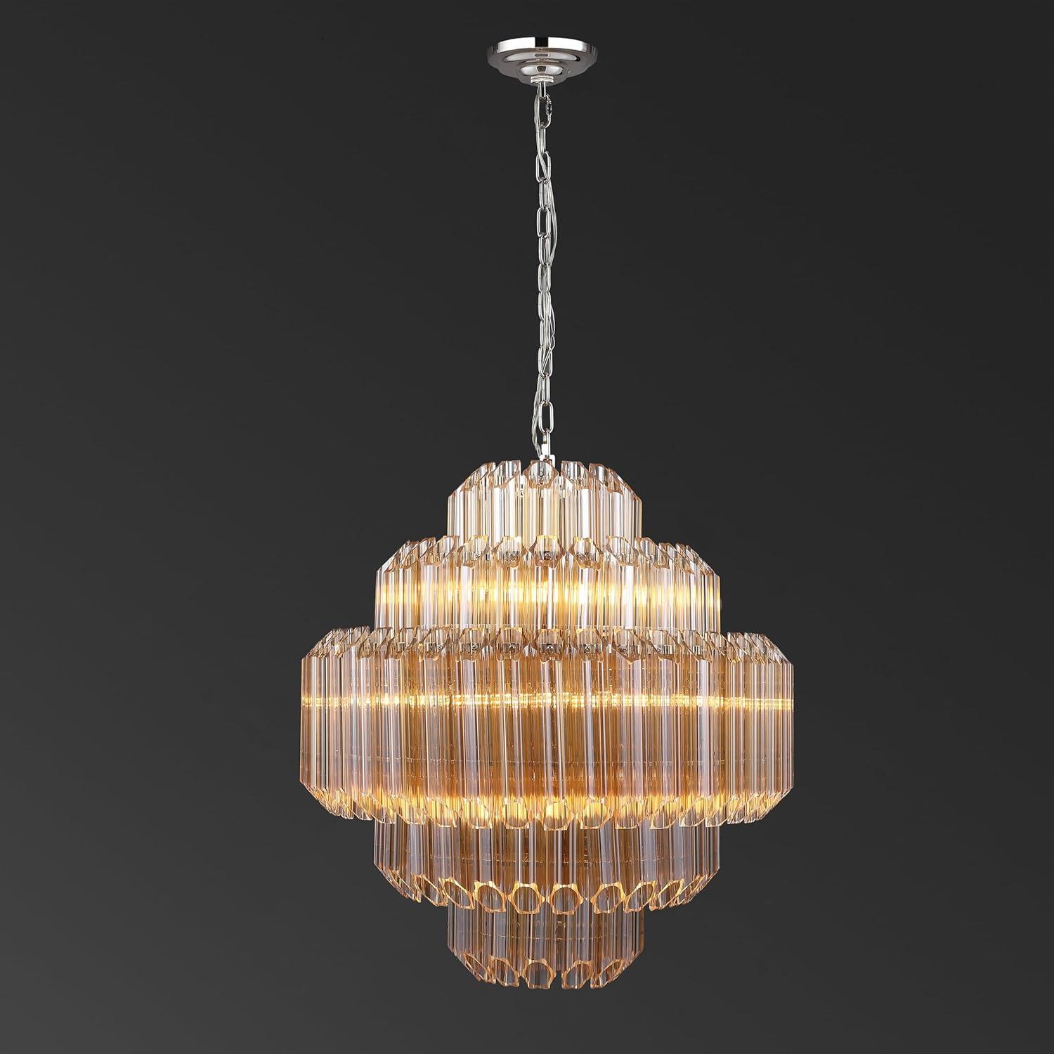 image:imageSAFAVIEH Couture Lighting Collection Adaline Art Deco NickelClear Glass Tiered Hanging Adjustable Chandelier Light Fixture LED Bulbs Included
