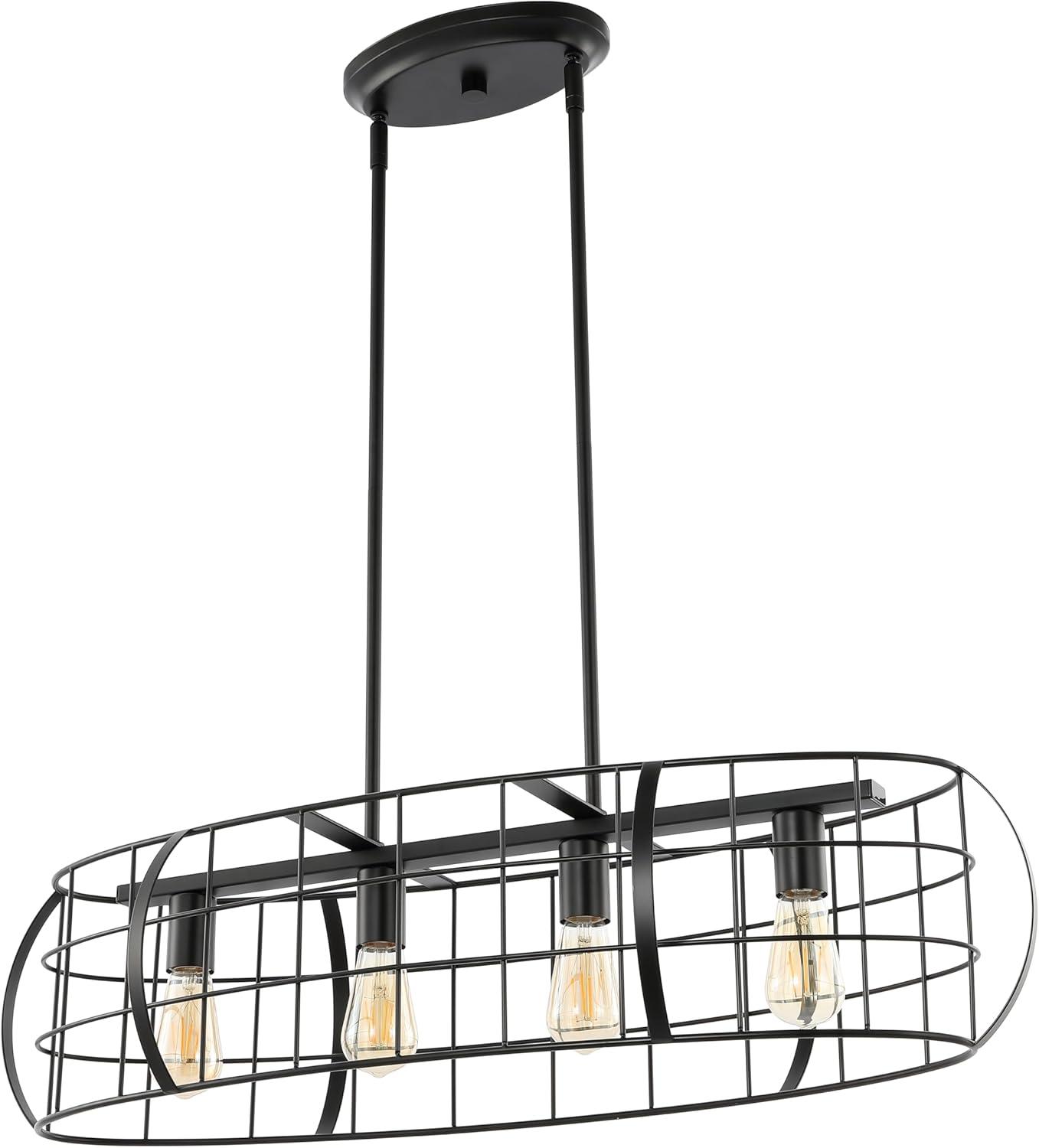 image:imageSAFAVIEH Lighting Collection Daxton Industrial Black Linear Cage 4Light Hanging Adjustable Chandelier Light Fixture LED Bulbs Included