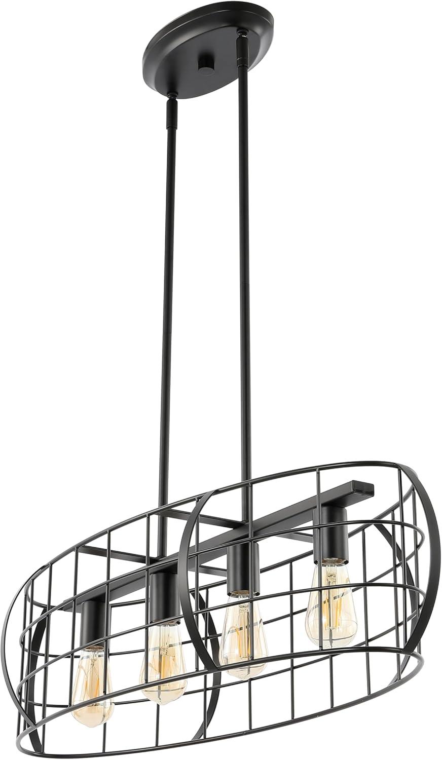 image:imageSAFAVIEH Lighting Collection Daxton Industrial Black Linear Cage 4Light Hanging Adjustable Chandelier Light Fixture LED Bulbs Included
