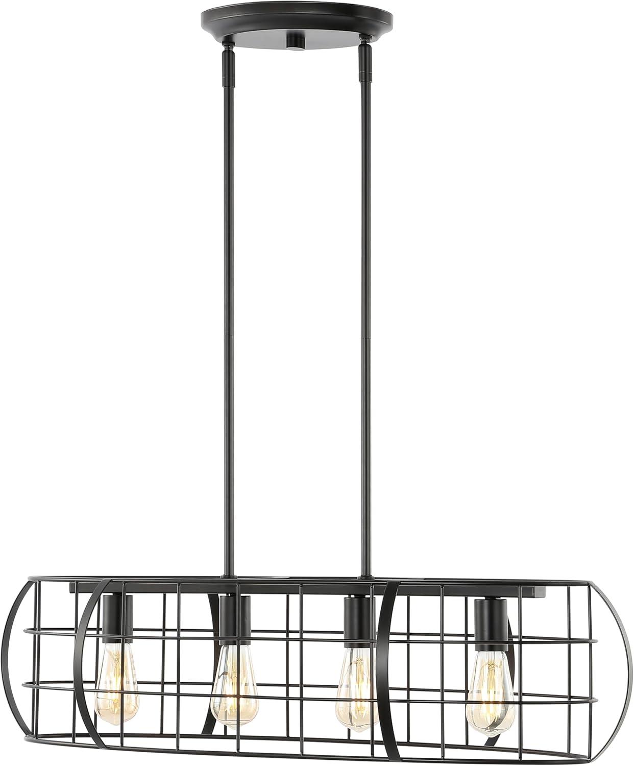 image:imageSAFAVIEH Lighting Collection Daxton Industrial Black Linear Cage 4Light Hanging Adjustable Chandelier Light Fixture LED Bulbs Included