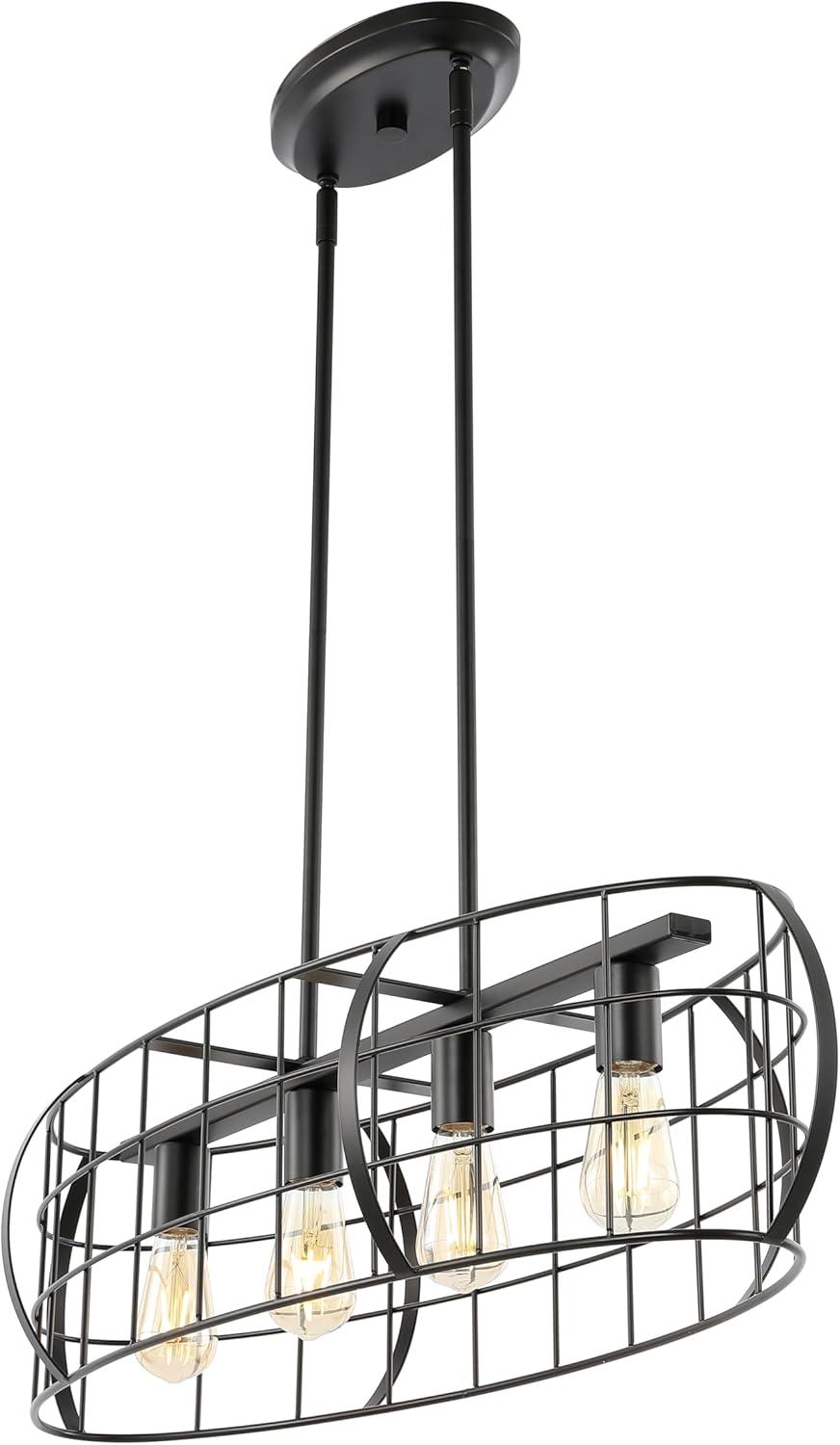 image:imageSAFAVIEH Lighting Collection Daxton Industrial Black Linear Cage 4Light Hanging Adjustable Chandelier Light Fixture LED Bulbs Included