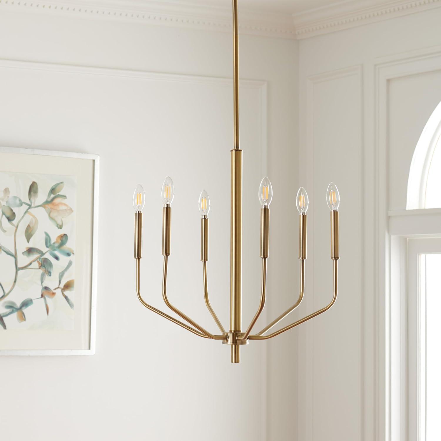 image:imageSAFAVIEH Lighting Collection Eirene Antique Brass 6Light Candelabra Hanging Chandelier Light Fixture LED Bulbs Included