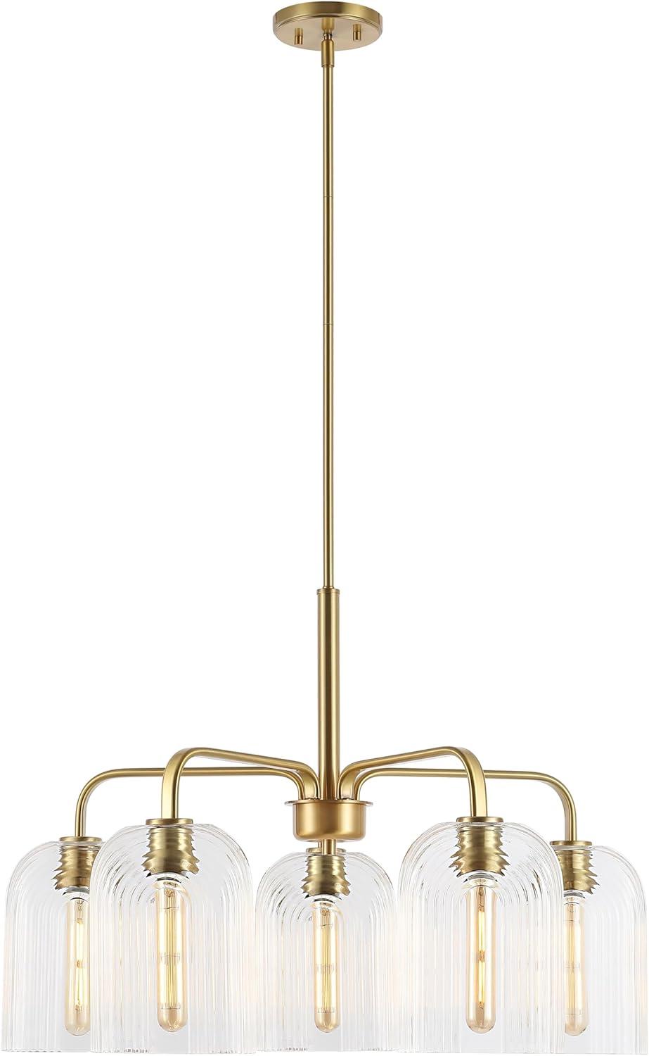 image:imageSAFAVIEH Lighting Collection Idelle Art Deco Brass 5Light Adjustable Pendant Chandelier Hanging Light Fixture Ideal for Dining Room Kitchen Island Foyer Entryway LED Bulbs Included