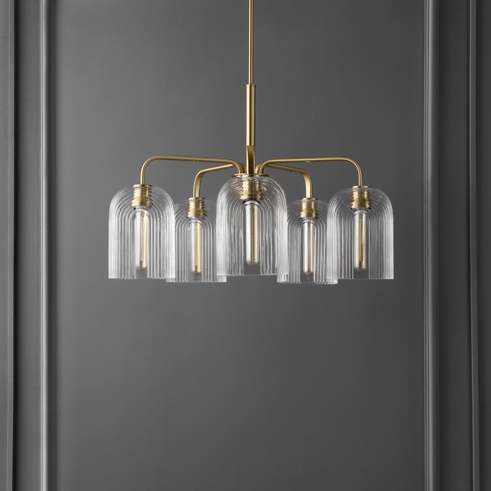 image:imageSAFAVIEH Lighting Collection Idelle Art Deco Brass 5Light Adjustable Pendant Chandelier Hanging Light Fixture Ideal for Dining Room Kitchen Island Foyer Entryway LED Bulbs Included