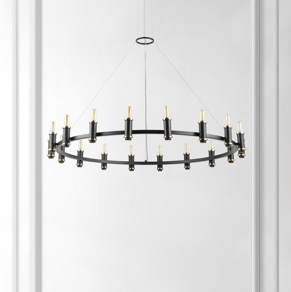image:imageSAFAVIEH Lighting Collection Poitier Modern Farmhouse BlackBrass 18Light Wagon Wheel Chandelier Round Light Fixture Ideal for Dining Room Kitchen Island Foyer Entryway LED Bulbs Included