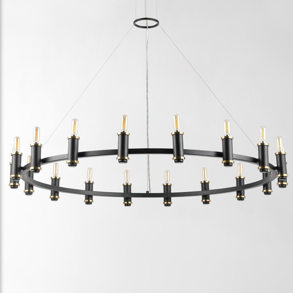 image:imageSAFAVIEH Lighting Collection Poitier Modern Farmhouse BlackBrass 18Light Wagon Wheel Chandelier Round Light Fixture Ideal for Dining Room Kitchen Island Foyer Entryway LED Bulbs Included