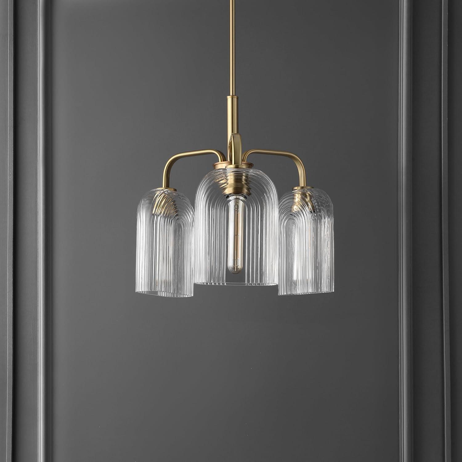 image:imageSAFAVIEH Lighting Collection Romeyn Art Deco Brass 3Light Adjustable Pendant Chandelier Hanging Light Fixture Ideal for Dining Room Kitchen Island Foyer Entryway LED Bulbs Included