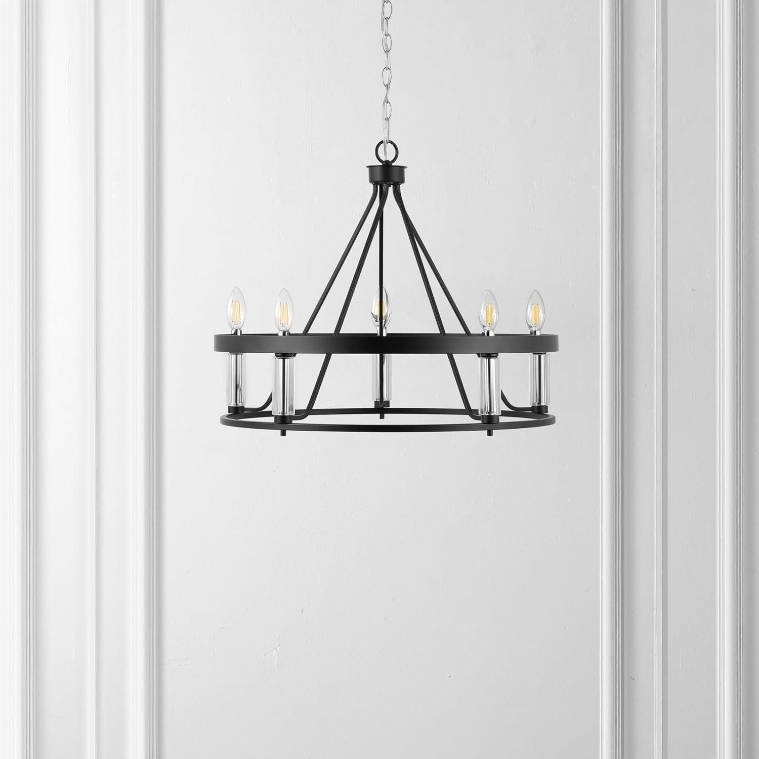 image:imageSAFAVIEH Lighting Collection Trenton Modern Farmhouse BlackChrome 5Light Adjustable Pendant Chandelier Wagon Wheel Ideal for Dining Room Kitchen Island Foyer Entryway LED Bulbs Included