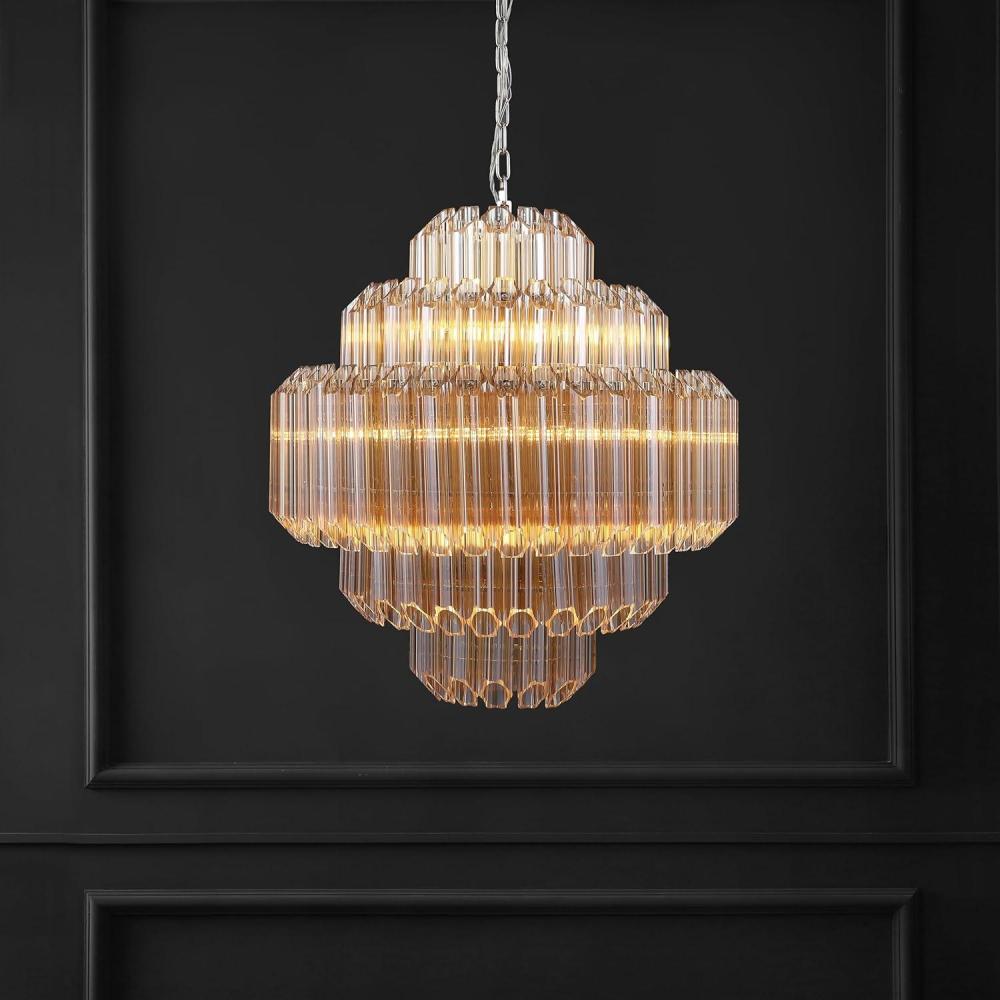 image:imageSAFAVIEH Couture Lighting Collection Adaline Art Deco NickelClear Glass Tiered Hanging Adjustable Chandelier Light Fixture LED Bulbs Included