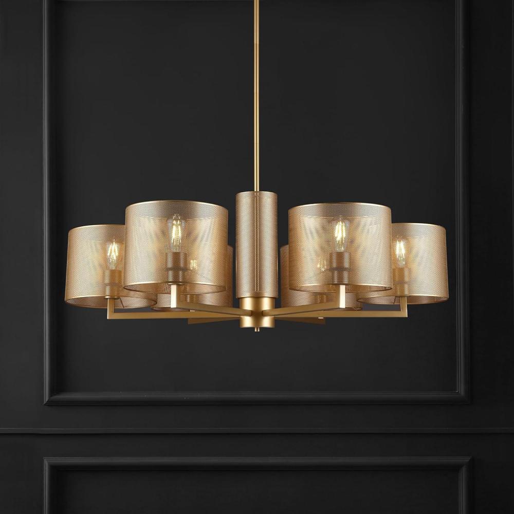 image:imageSAFAVIEH Couture Lighting Collection Zachaeus Industrial Gold Metal Mesh 6Light Hanging Adjustable Chandelier Light Fixture LED Bulbs IncludedGold