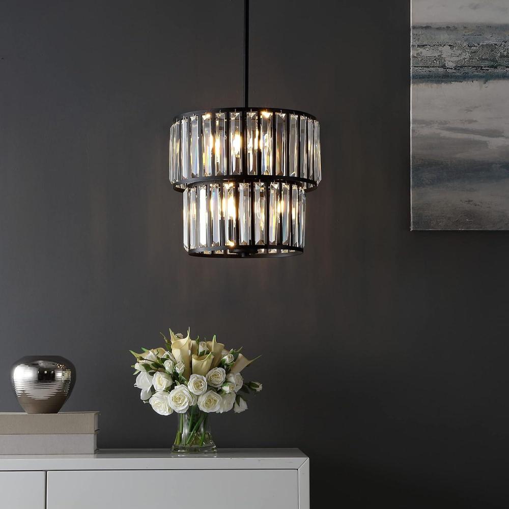 image:imageSAFAVIEH Lighting Collection Crissa Art Deco Black amp Clear Crystal Chandelier 6Light Tiered Design Adjustable Height LED Bulbs Included CHA4025A