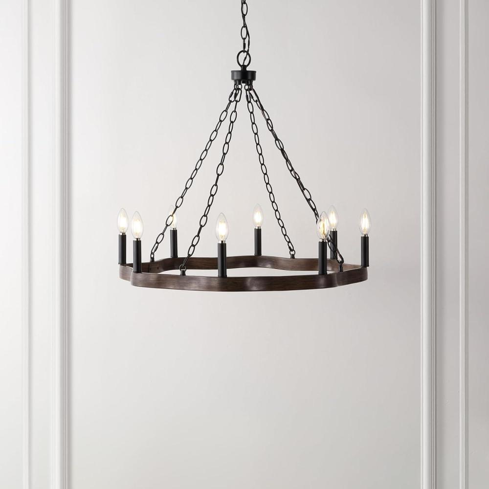 image:imageSAFAVIEH Lighting Collection Brookville BlackBrown 8Light Round Wagon Wheel Hanging Adjustable Chandelier Light Fixture LED Bulbs Included