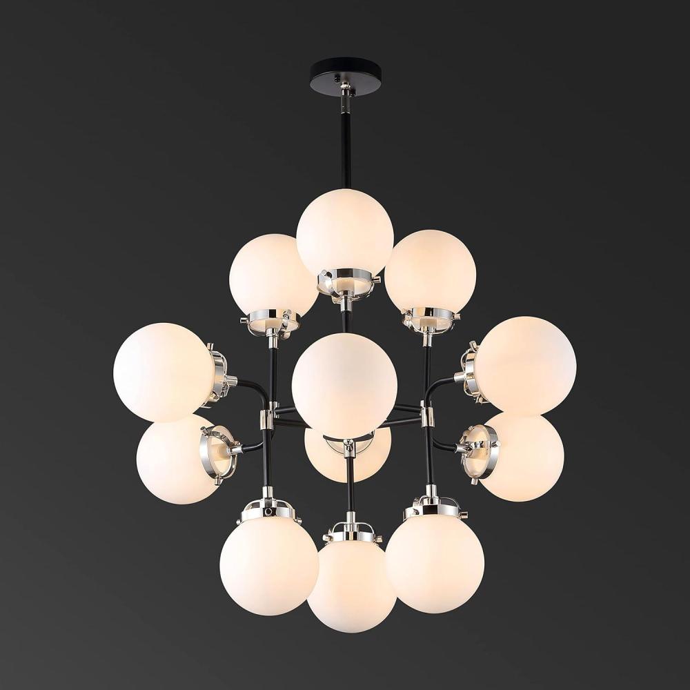 image:imageSAFAVIEH Lighting Collection Cullen BlackWhite Glass 31inch Diameter Adjustable Hanging Chandelier Light Fixture LED Bulbs Included
