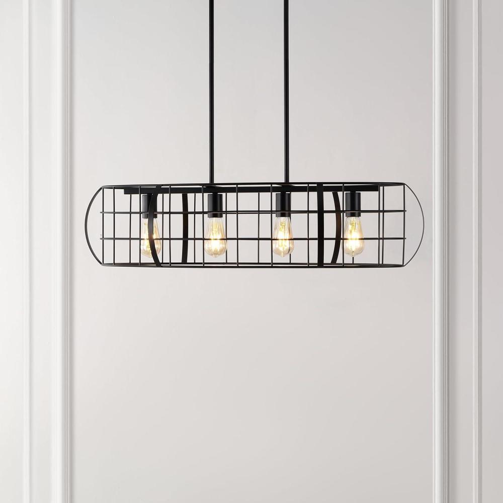 image:imageSAFAVIEH Lighting Collection Daxton Industrial Black Linear Cage 4Light Hanging Adjustable Chandelier Light Fixture LED Bulbs Included