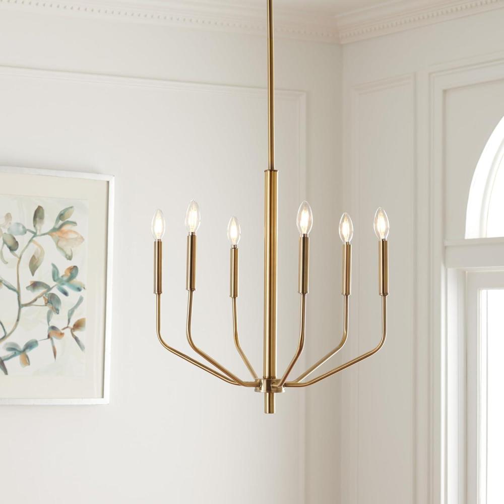 image:imageSAFAVIEH Lighting Collection Eirene Antique Brass 6Light Candelabra Hanging Chandelier Light Fixture LED Bulbs Included