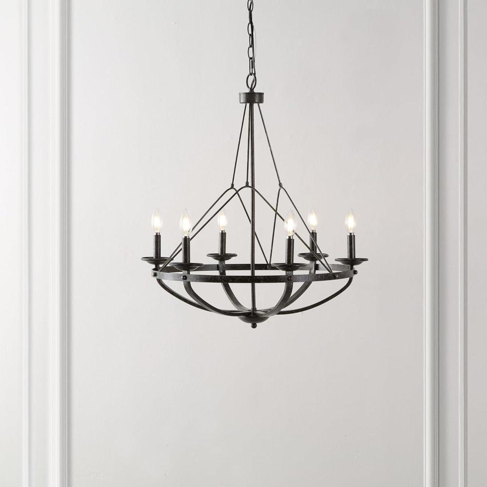 image:imageSAFAVIEH Lighting Collection Fraser SilverBlack 6Light Round Wagon Wheel Hanging Adjustable Chandelier Light Fixture LED Bulbs Included