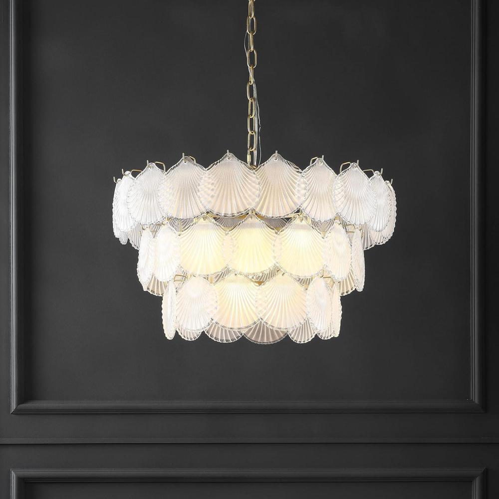 image:imageSAFAVIEH Lighting Collection Gutierrez Art Deco Gold 3Tier 24inch Diameter Adjustable Hanging Chandelier Light Fixture LED Bulbs Included