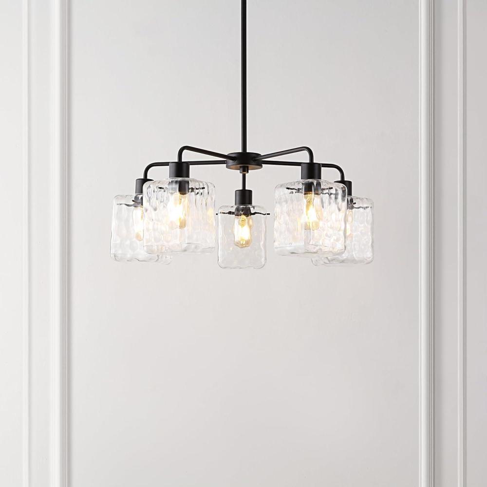 image:imageSAFAVIEH Lighting Collection Jameson Clear Glass Orb 5Light Hanging Adjustable Chandelier Light Fixture LED Bulbs Included