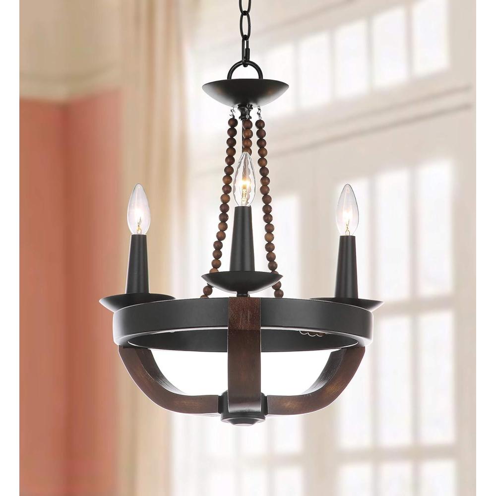 image:imageSAFAVIEH Lighting Collection Lucero Farmhouse Rustic Industrial Boho Black Brown 18inch Diameter 3light Adjustable Hanging Chandelier Light Fixture LED Bulbs Included