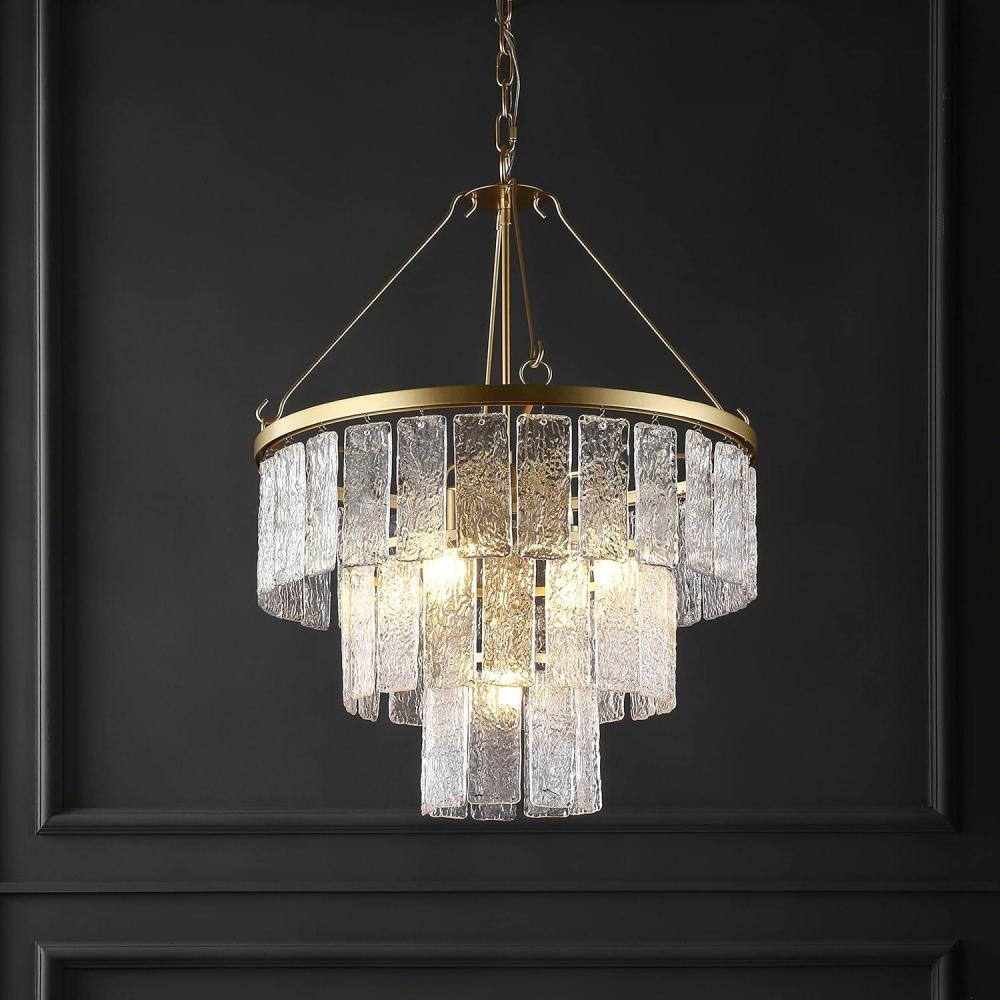 image:imageSAFAVIEH Lighting Collection Marjory Art Deco Gold 3Tier 24inch Diameter Adjustable Hanging Chandelier Light Fixture LED Bulbs Included